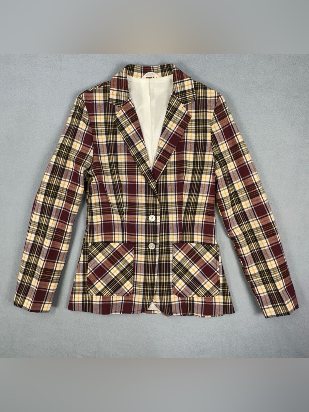 Vintage Plaid Tartan Blazer Jacket Women’s Size 5 Burgundy Preppy Academia